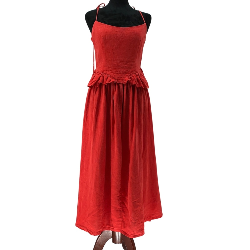 Eliza Faulkner Tessa size Med Red Rustic Linen Tie Back Peplum Midi Dress Womens
